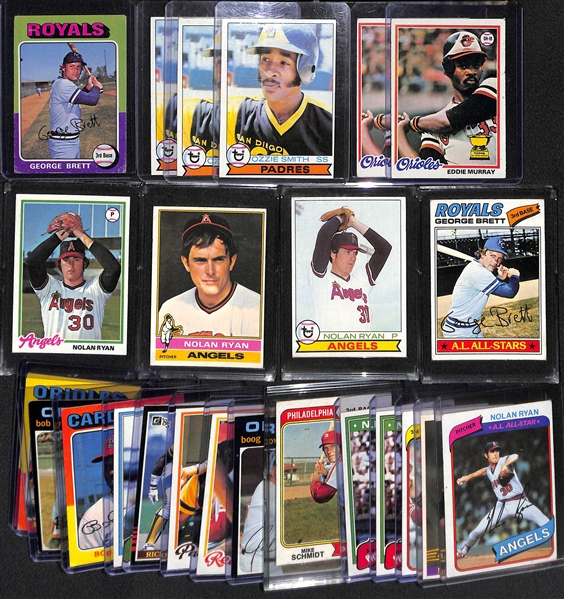 Lot of (25) 1971-1985 Baseball Rookies and Stars Inc. George Brett Rookie, (3) O. Smith Rookies, (2) E. Murray Rookies, (5) Nolan Ryan Cards